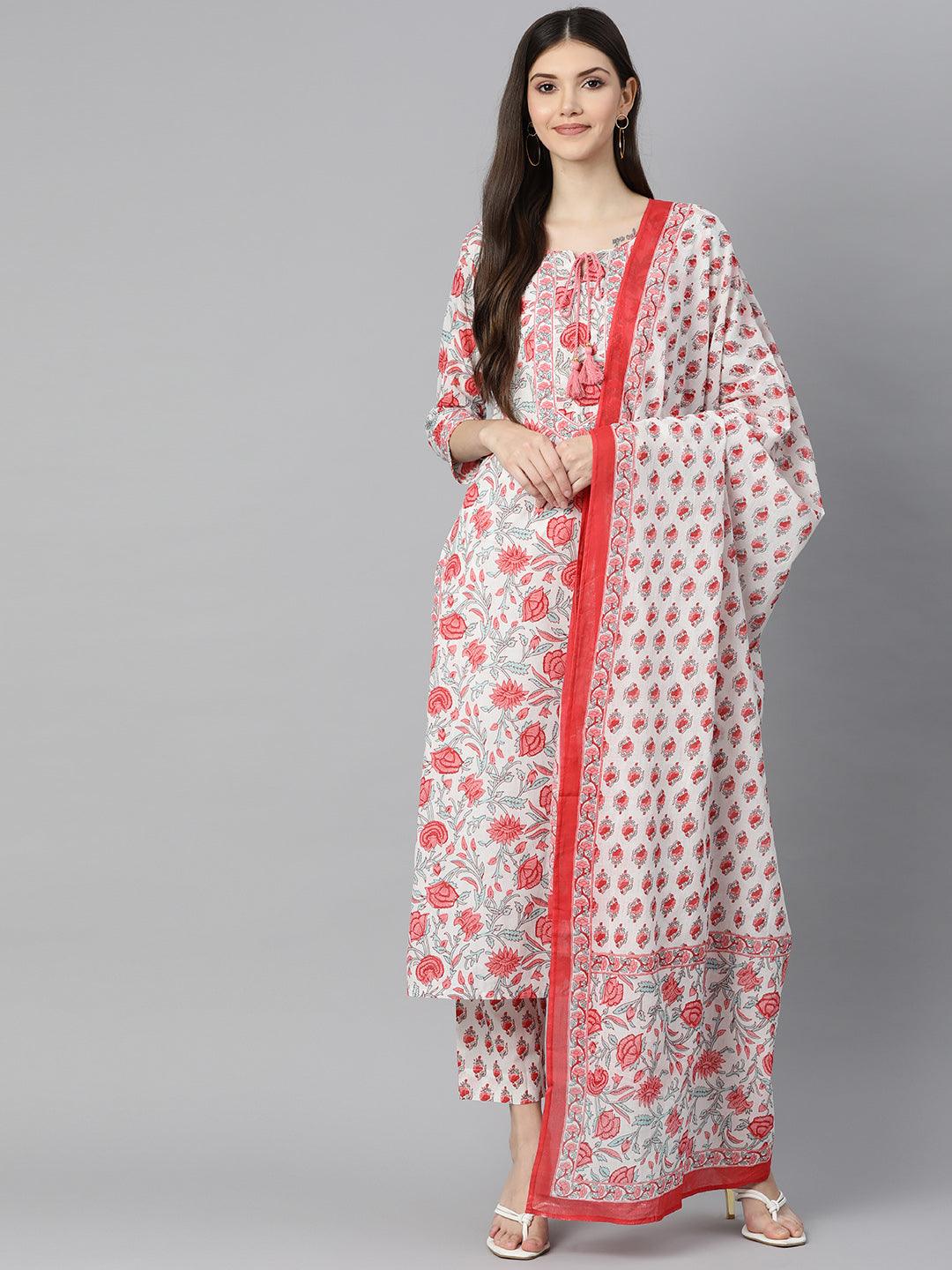 Women's White Floral Printed Kurta Pant Set with Dupatta - Taantav