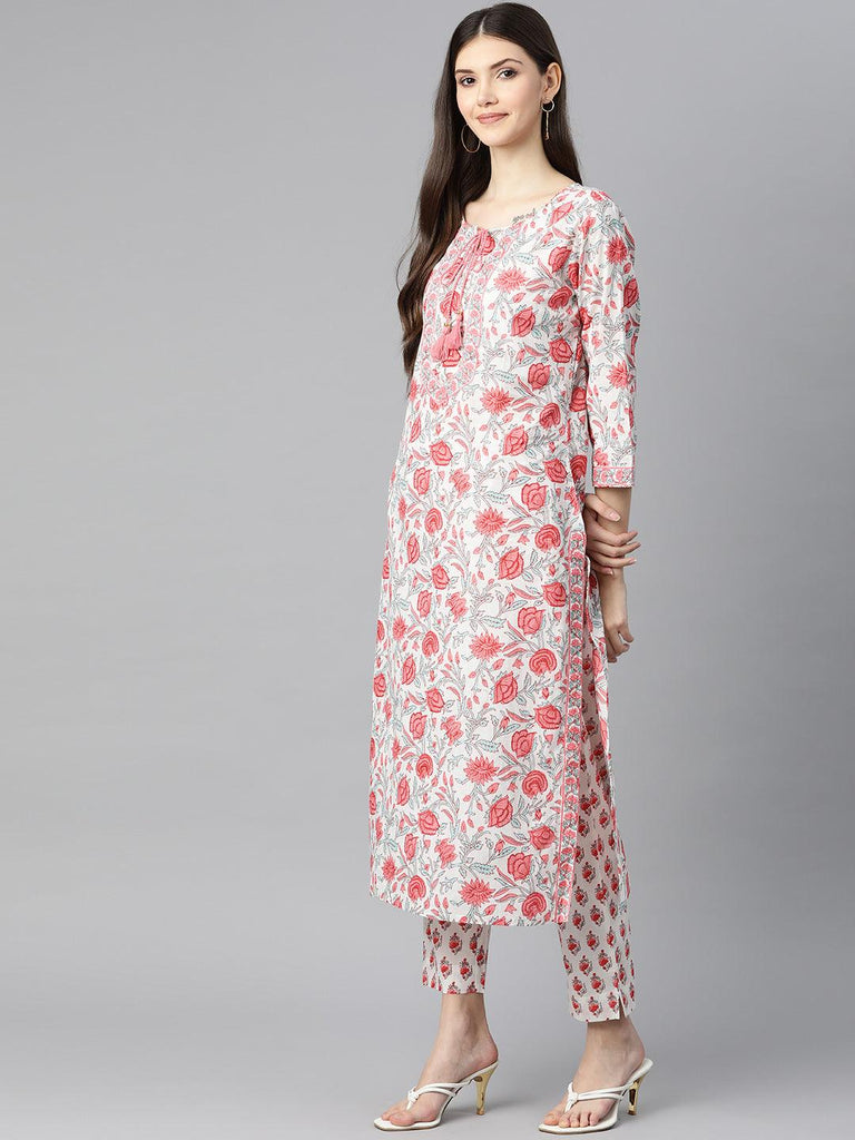 Women's White Floral Printed Kurta Pant Set with Dupatta
