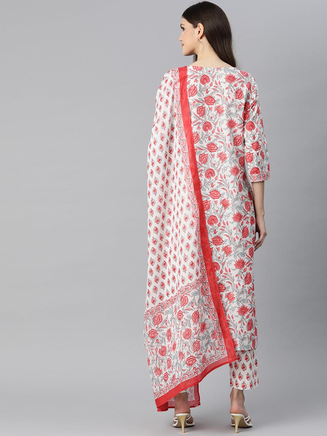 Women's White Floral Printed Kurta Pant Set with Dupatta - Taantav