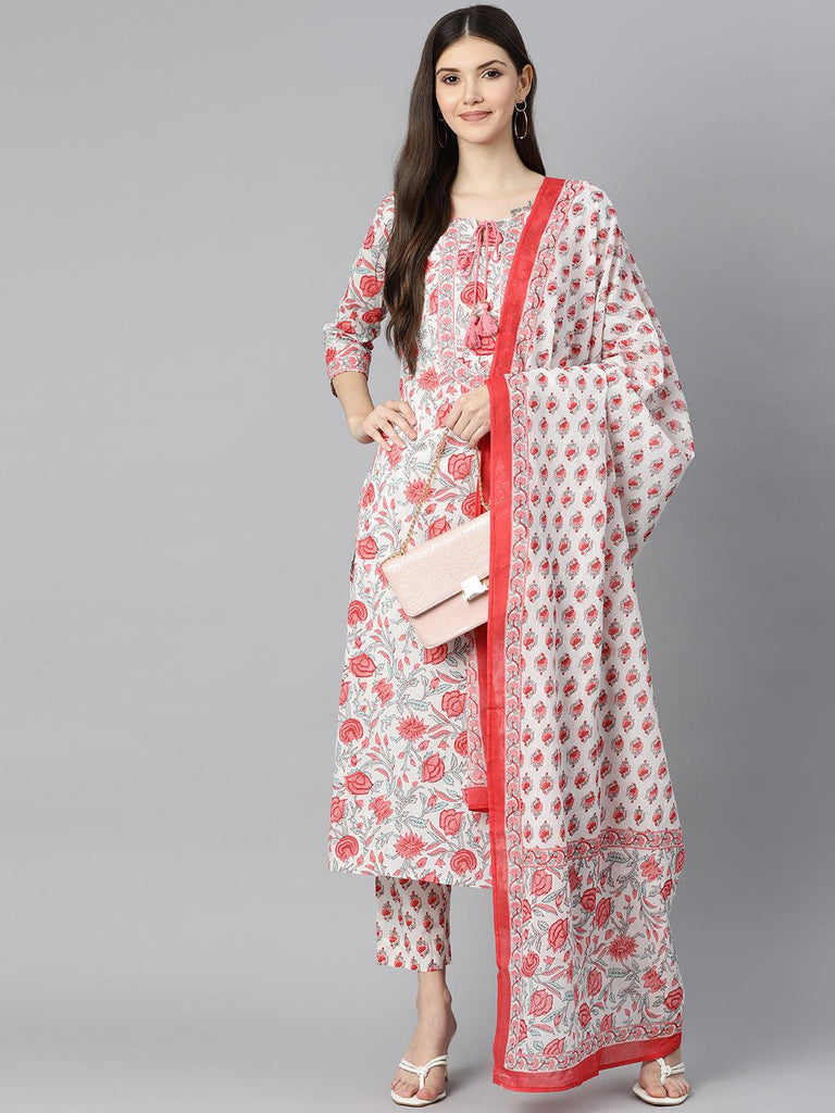Women's White Floral Printed Kurta Pant Set with Dupatta