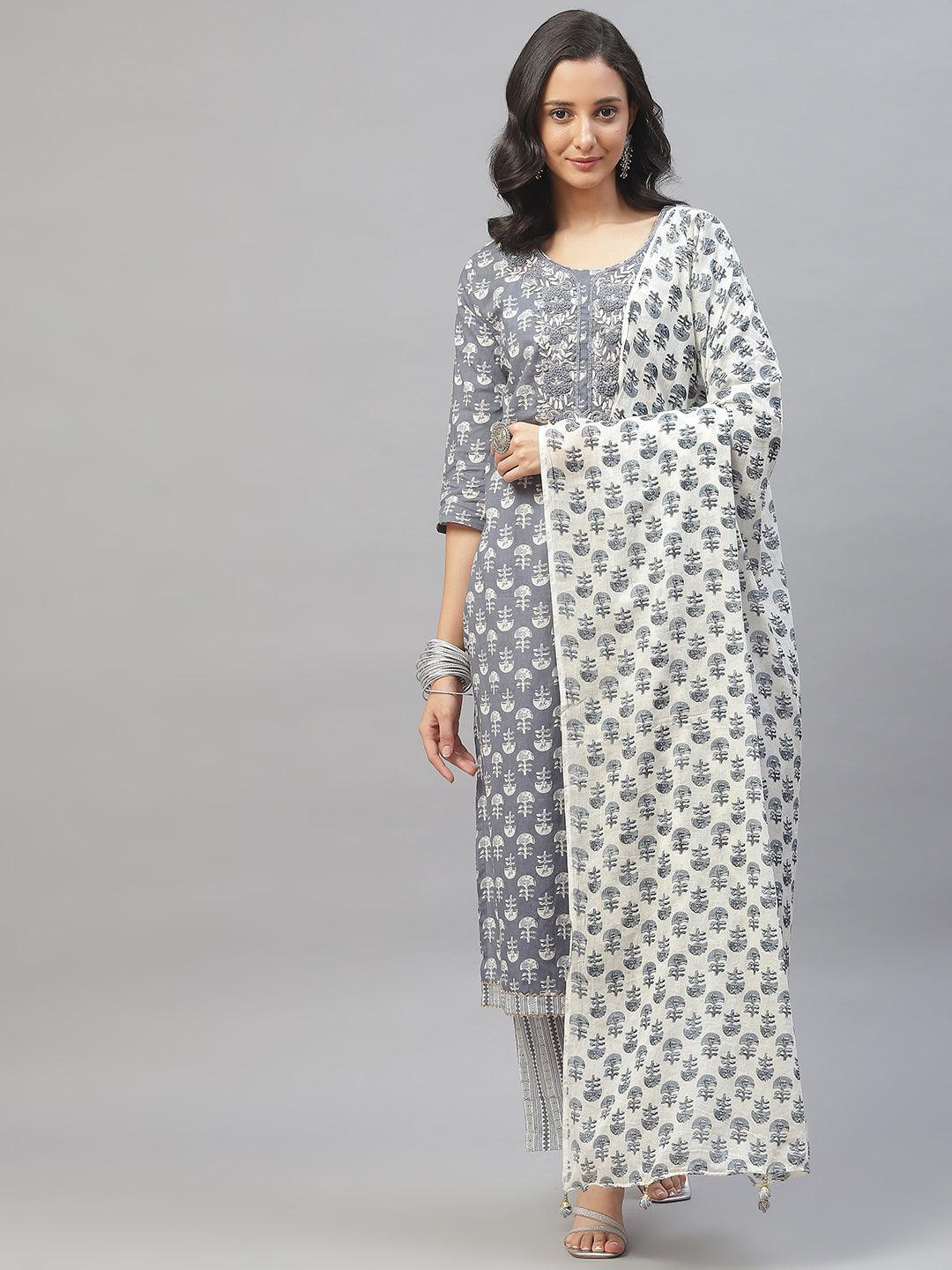 Women's Grey and White Floral Printed Kurta Pant Set with Dupatta - Taantav