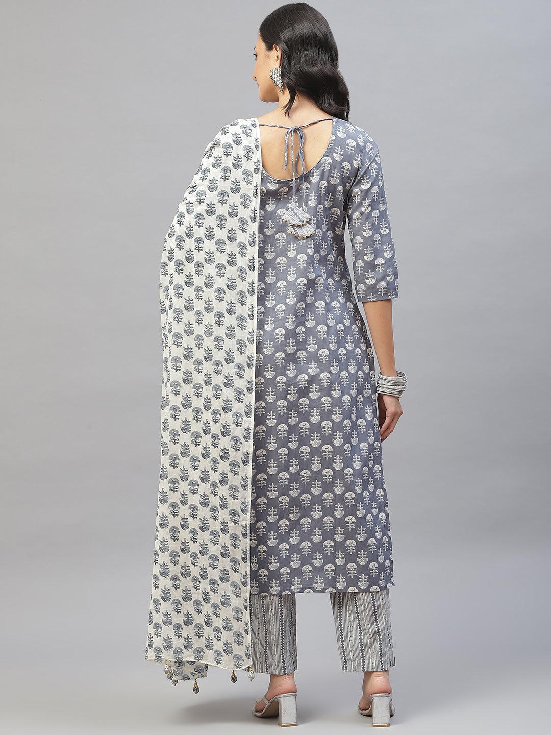 Women's Grey and White Floral Printed Kurta Pant Set with Dupatta - Taantav