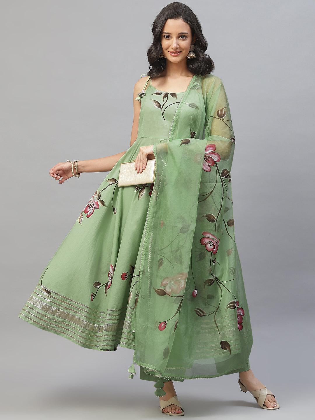 Women's Light Green Hand Painted Floral Anarkali Kurta Pant Set with Dupatta - Taantav