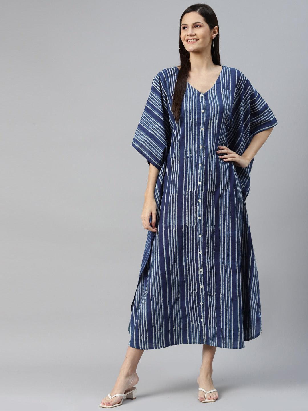 Women's Blue Hand Block Printed Striped Kaftan Dress