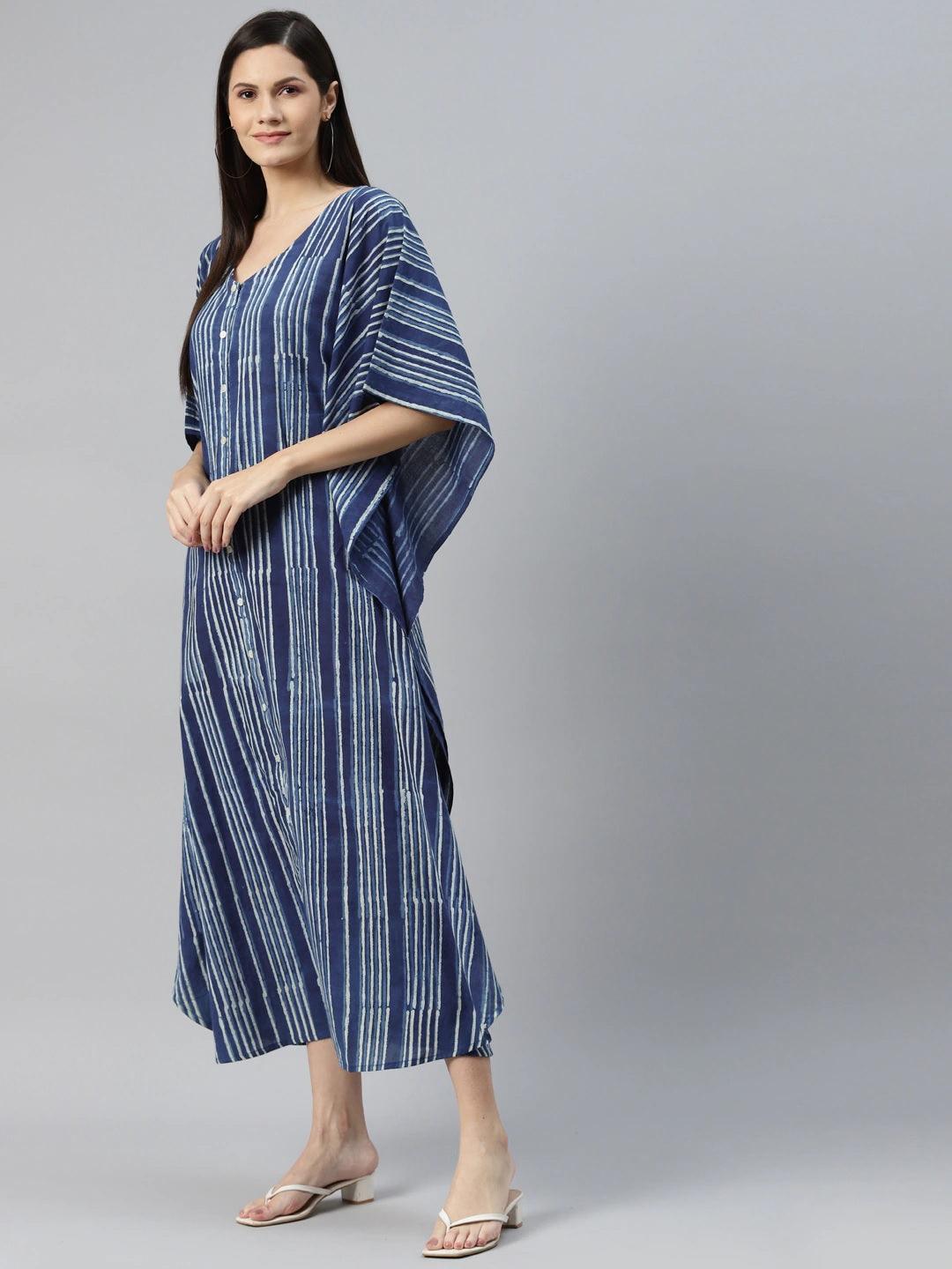 Women's Blue Hand Block Printed Striped Kaftan Dress - Taantav