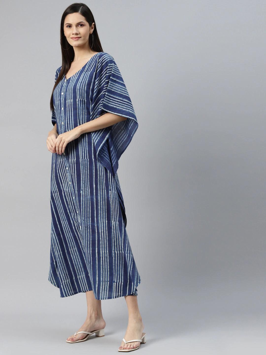 Women's Blue Hand Block Printed Striped Kaftan Dress