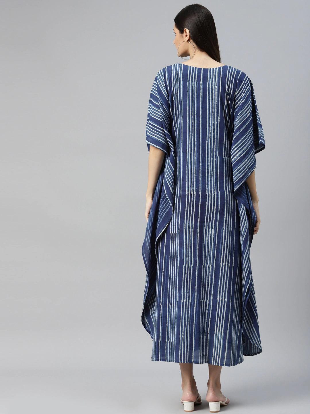 Women's Blue Hand Block Printed Striped Kaftan Dress - Taantav