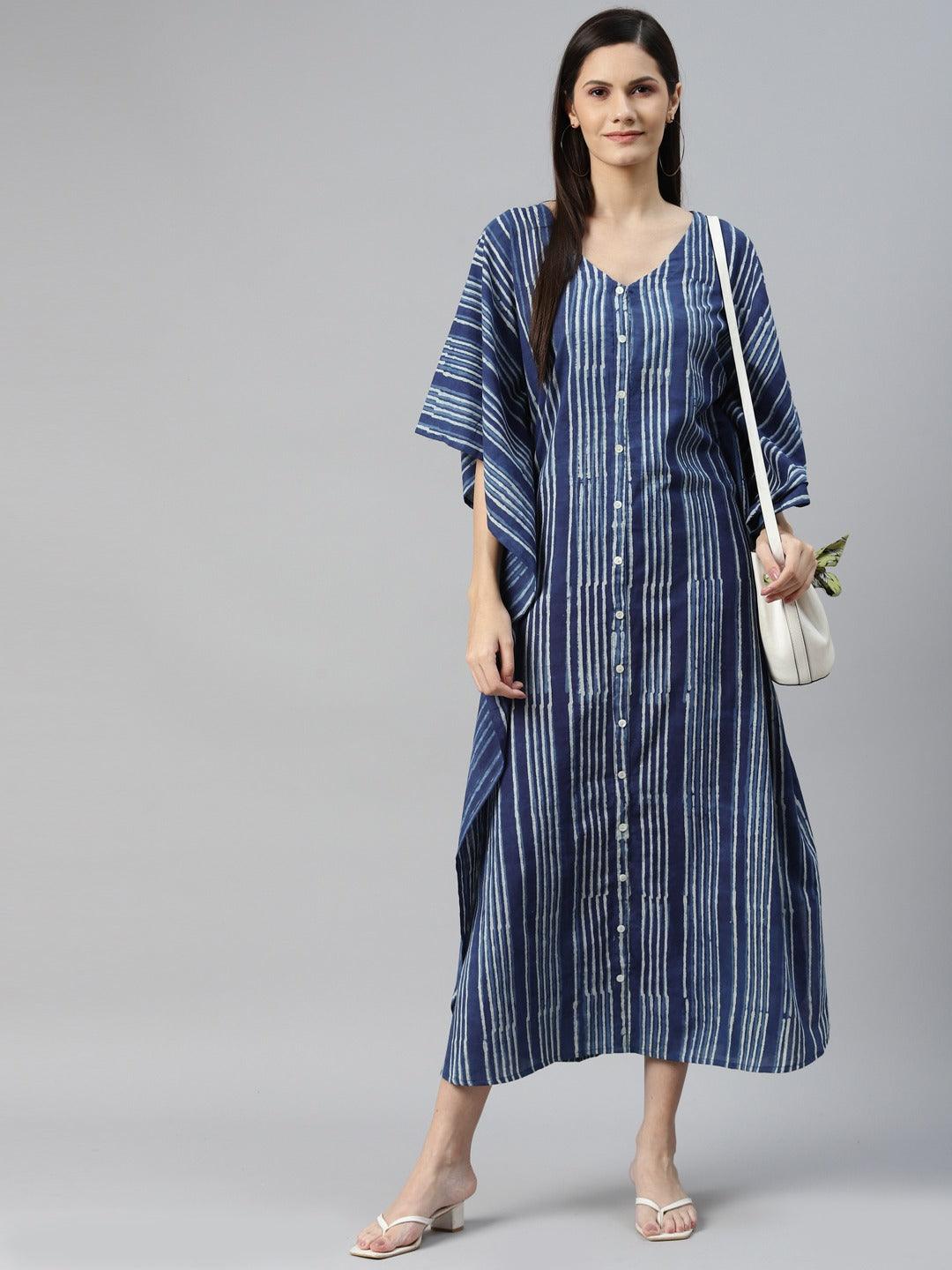 Women's Blue Hand Block Printed Striped Kaftan Dress - Taantav