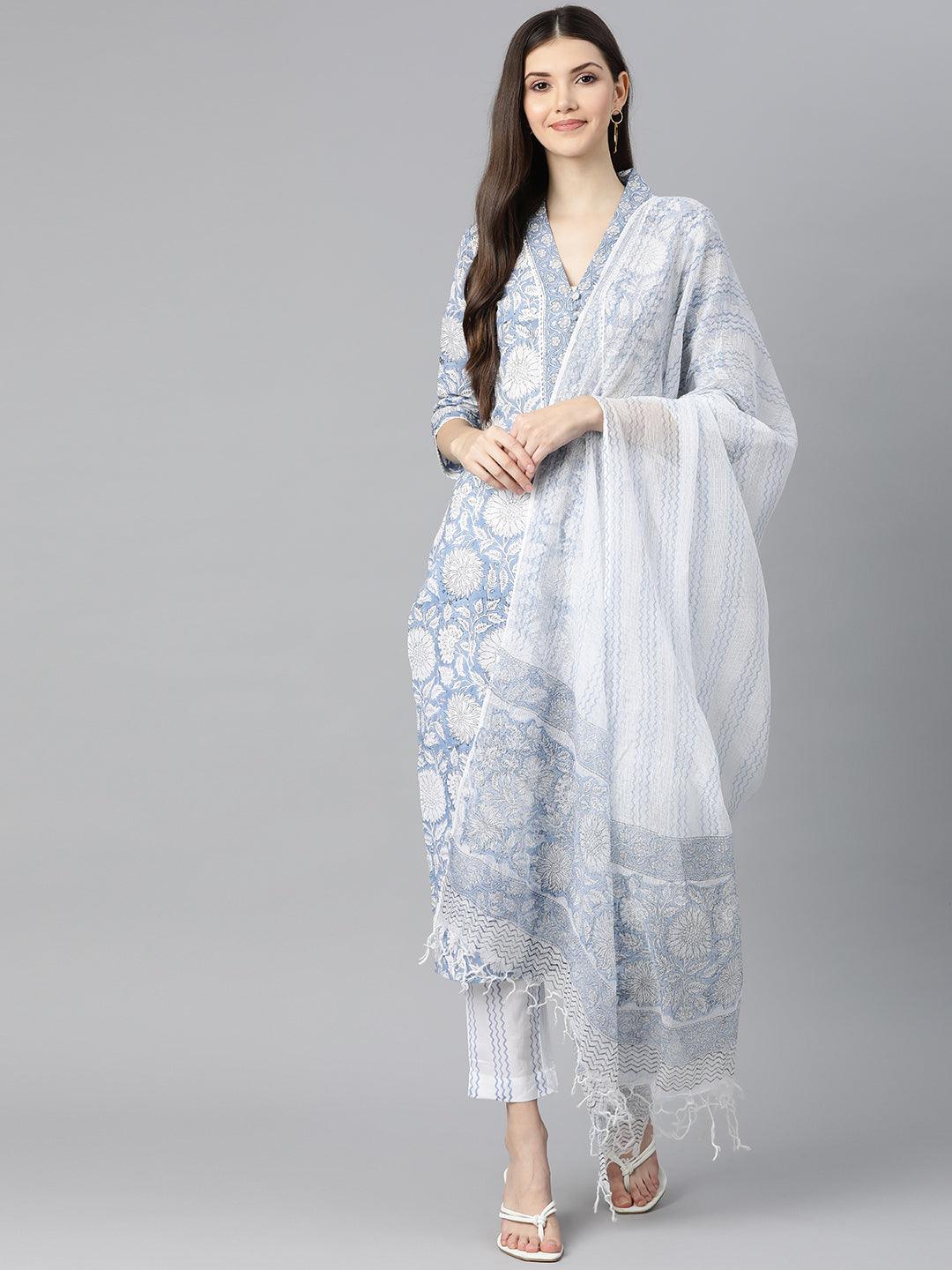 Women's Sky blue Hand Block Printed Straight kurta Pant Set with Dupatta - Taantav