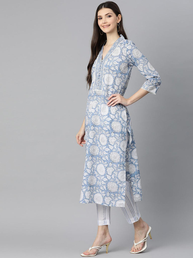 Women's Sky blue Hand Block Printed Straight kurta Pant Set with Dupatta