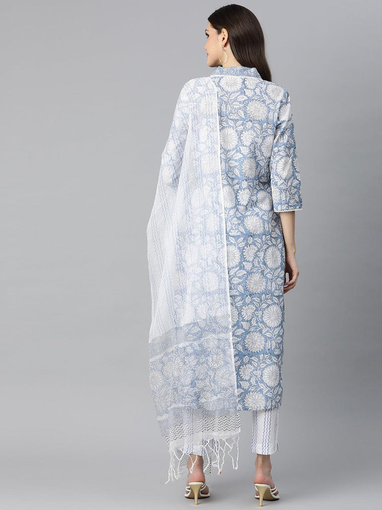 Women's Sky blue Hand Block Printed Straight kurta Pant Set with Dupatta