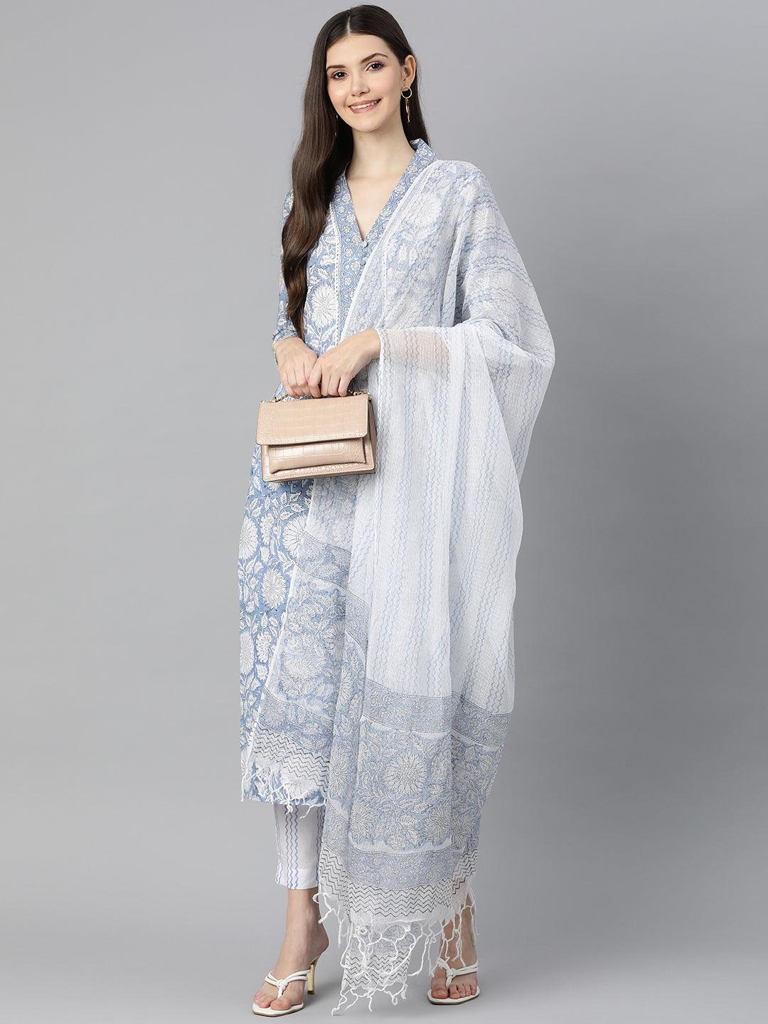 Women's Sky blue Hand Block Printed Straight kurta Pant Set with Dupatta - Taantav