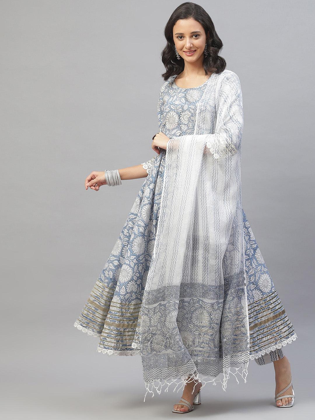 Women's Sky blue Hand Block Printed Anarkali kurta Pant Set with Dupatta - Taantav