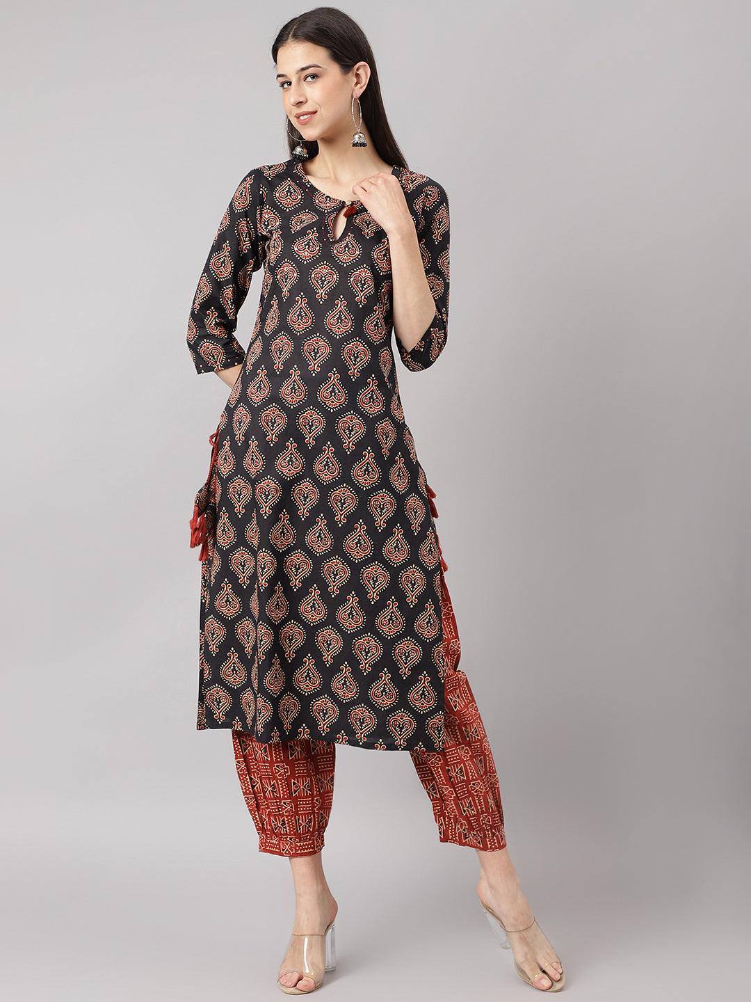 Women's Black and Red Cotton Buti Printed Kurta with hem Cuffed pant set - Taantav