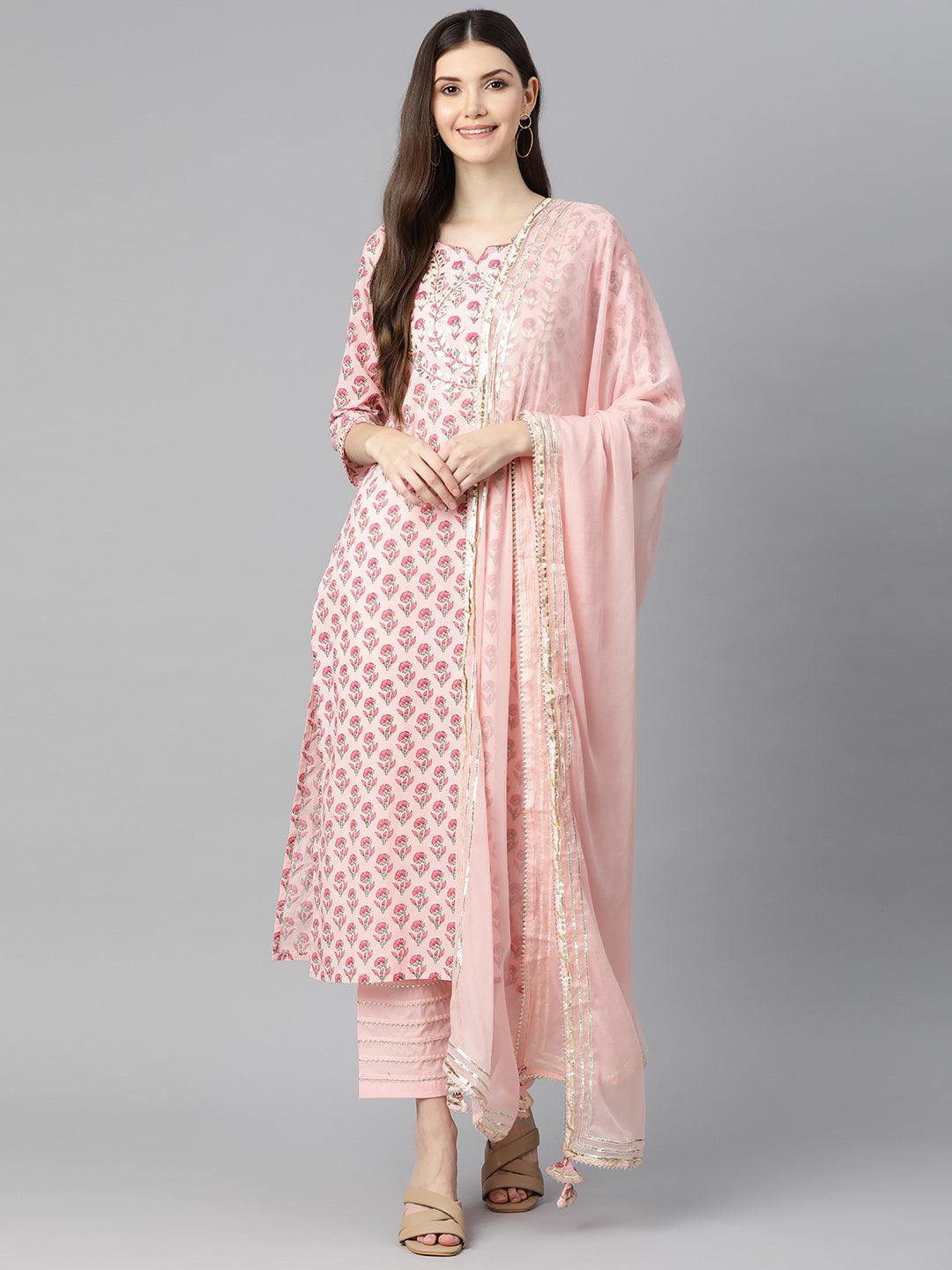 Women's Pink Cotton Straight Kurta Pant Set With Dupatta - Taantav