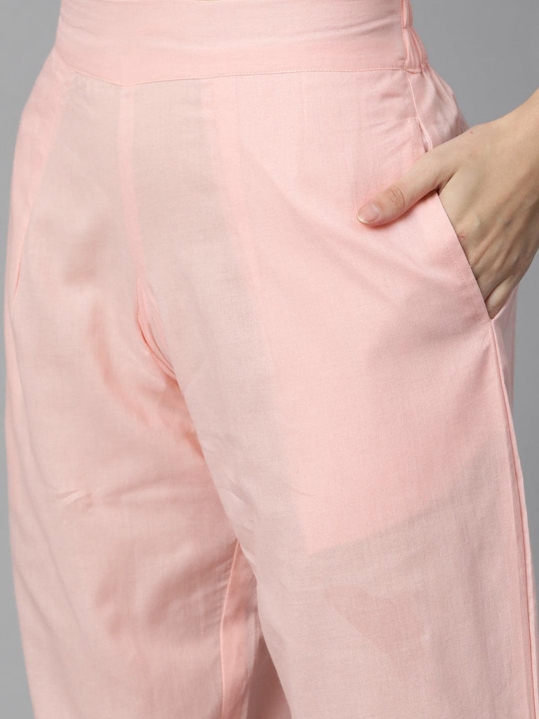 Women's Pink Cotton Straight Kurta Pant Set With Dupatta