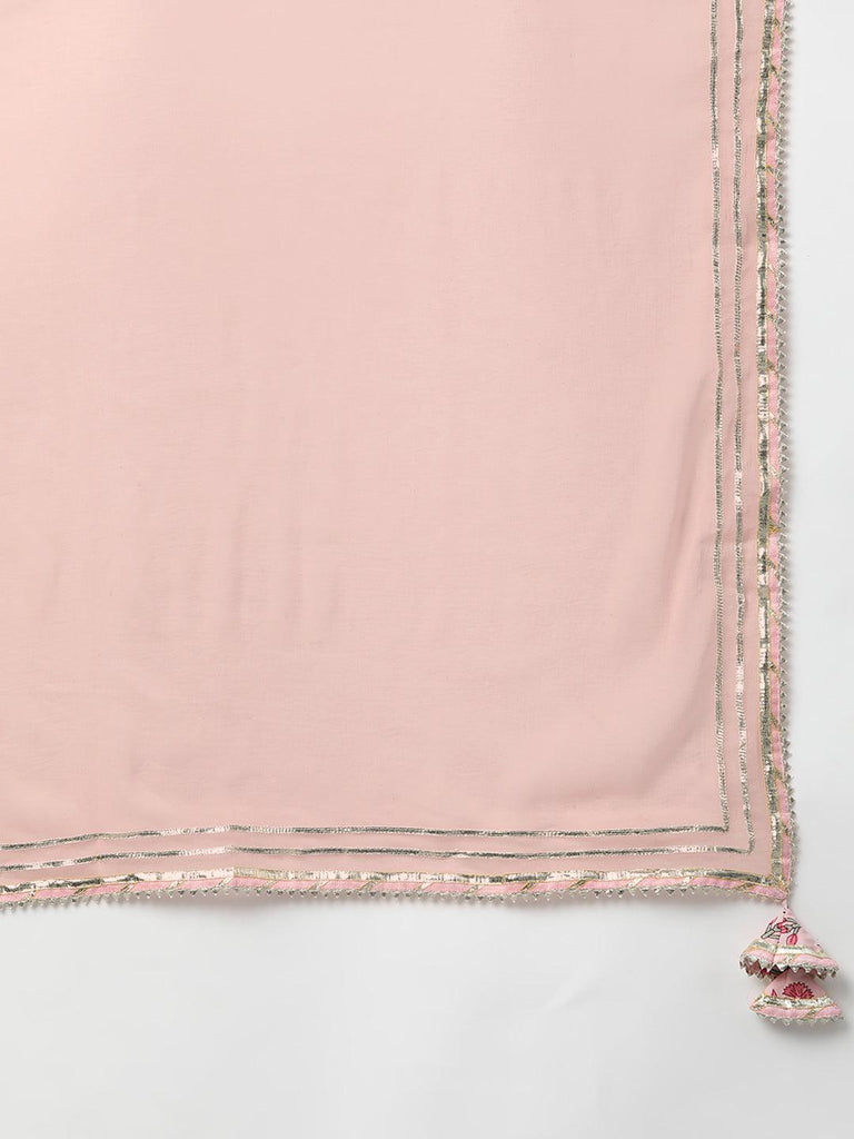 Women's Pink Cotton Straight Kurta Pant Set With Dupatta
