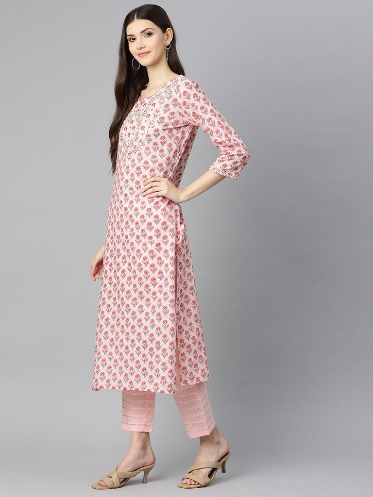 Women's Pink Cotton Straight Kurta Pant Set With Dupatta