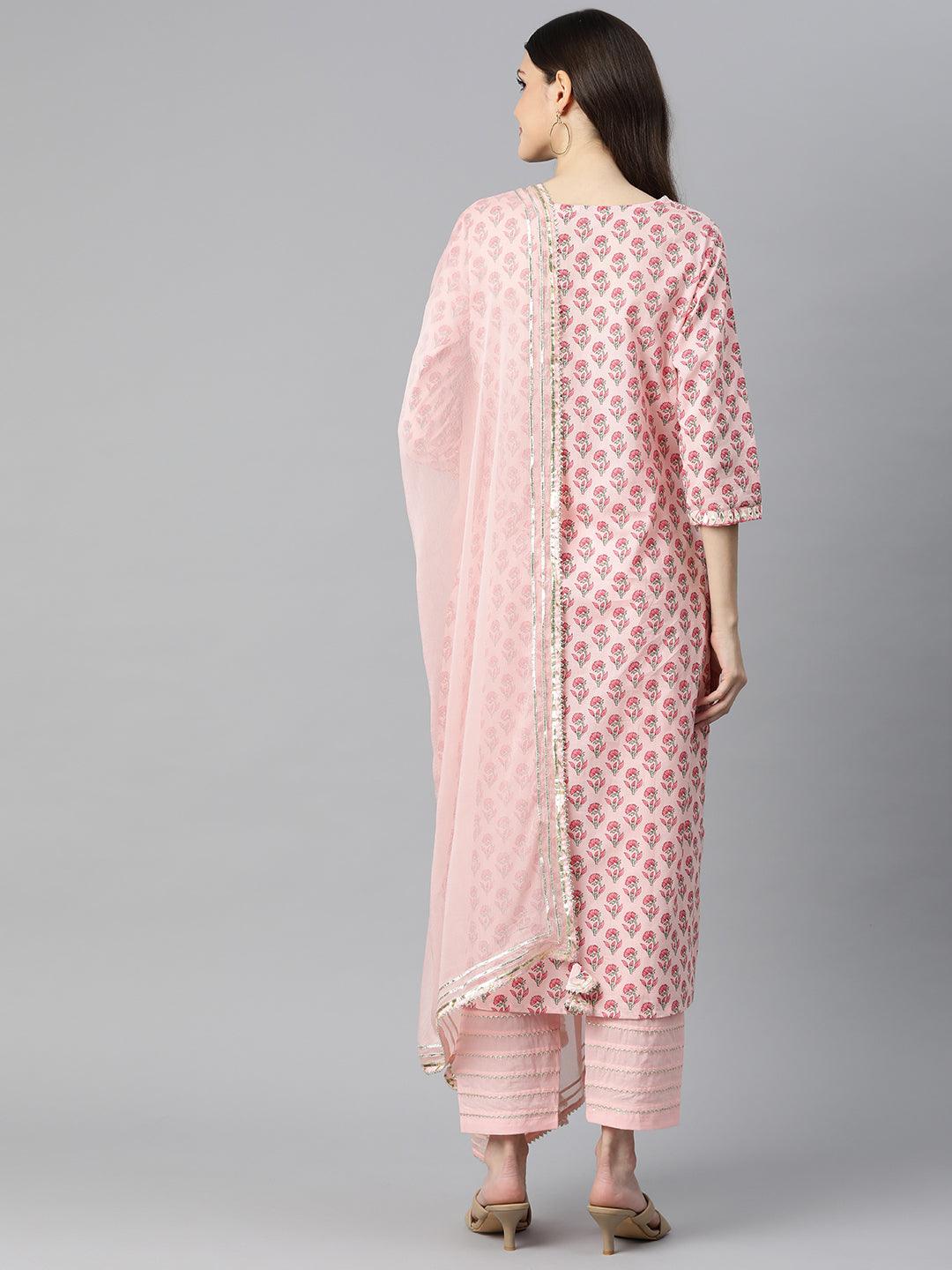 Women's Pink Cotton Straight Kurta Pant Set With Dupatta - Taantav