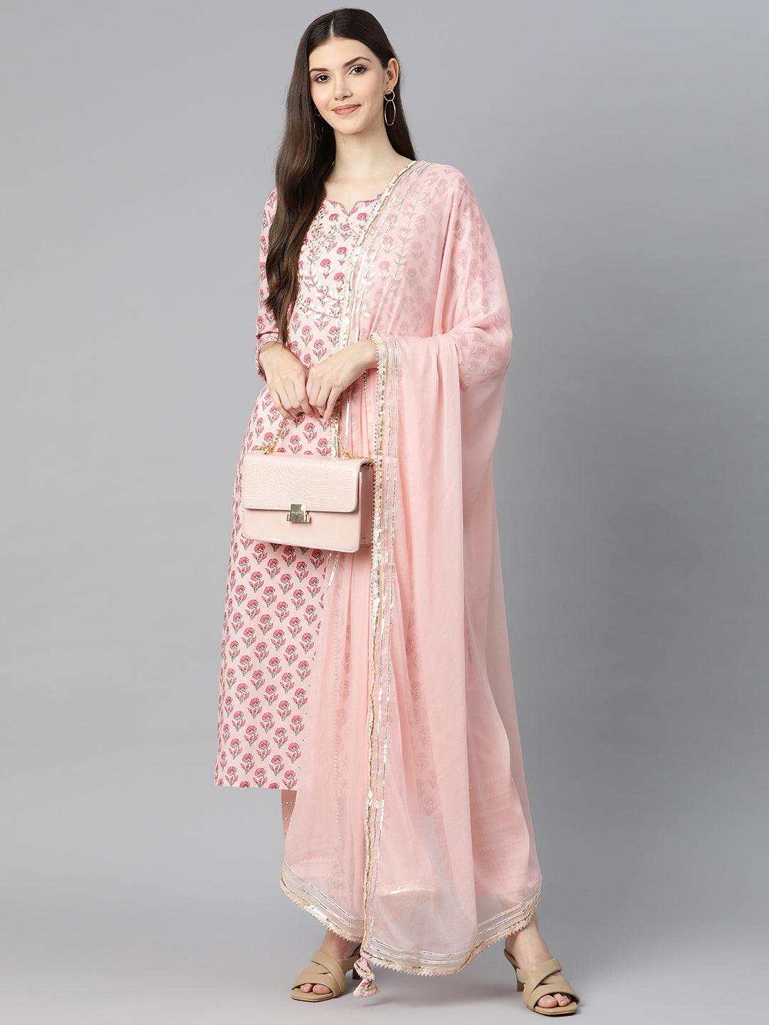 Women's Pink Cotton Straight Kurta Pant Set With Dupatta - Taantav