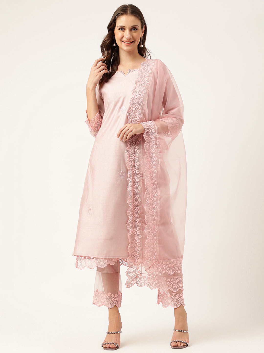 Women's Solid Chanderi Kurta with Inner, Trouser Inner & Dupatta Set - Taantav