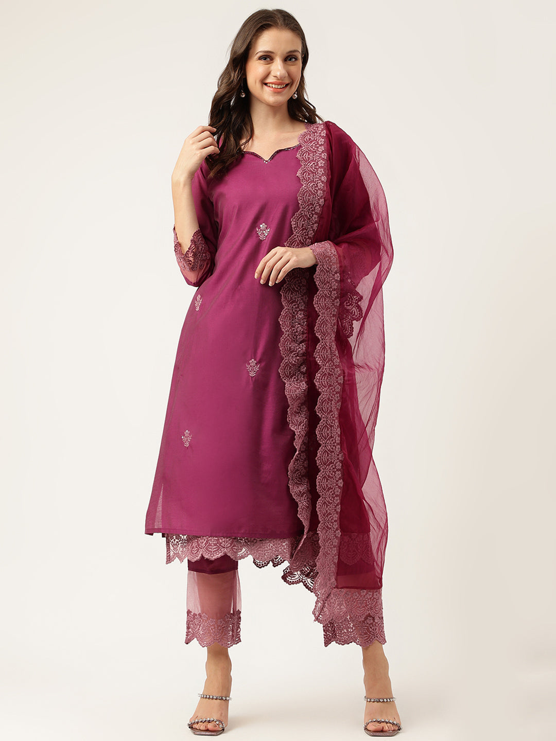 Women's Solid Purple Chanderi Embroidered Kurta with Inner Trouser Inner & Dupatta Set - Taantav