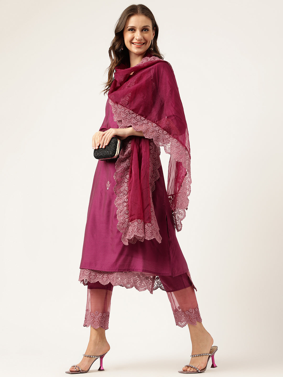 Women's Solid Purple Chanderi Embroidered Kurta with Inner Trouser Inner & Dupatta Set - Taantav