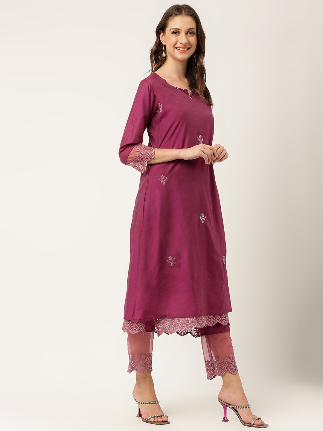 Women's Solid Purple Chanderi Embroidered Kurta with Inner Trouser Inner & Dupatta Set - Taantav