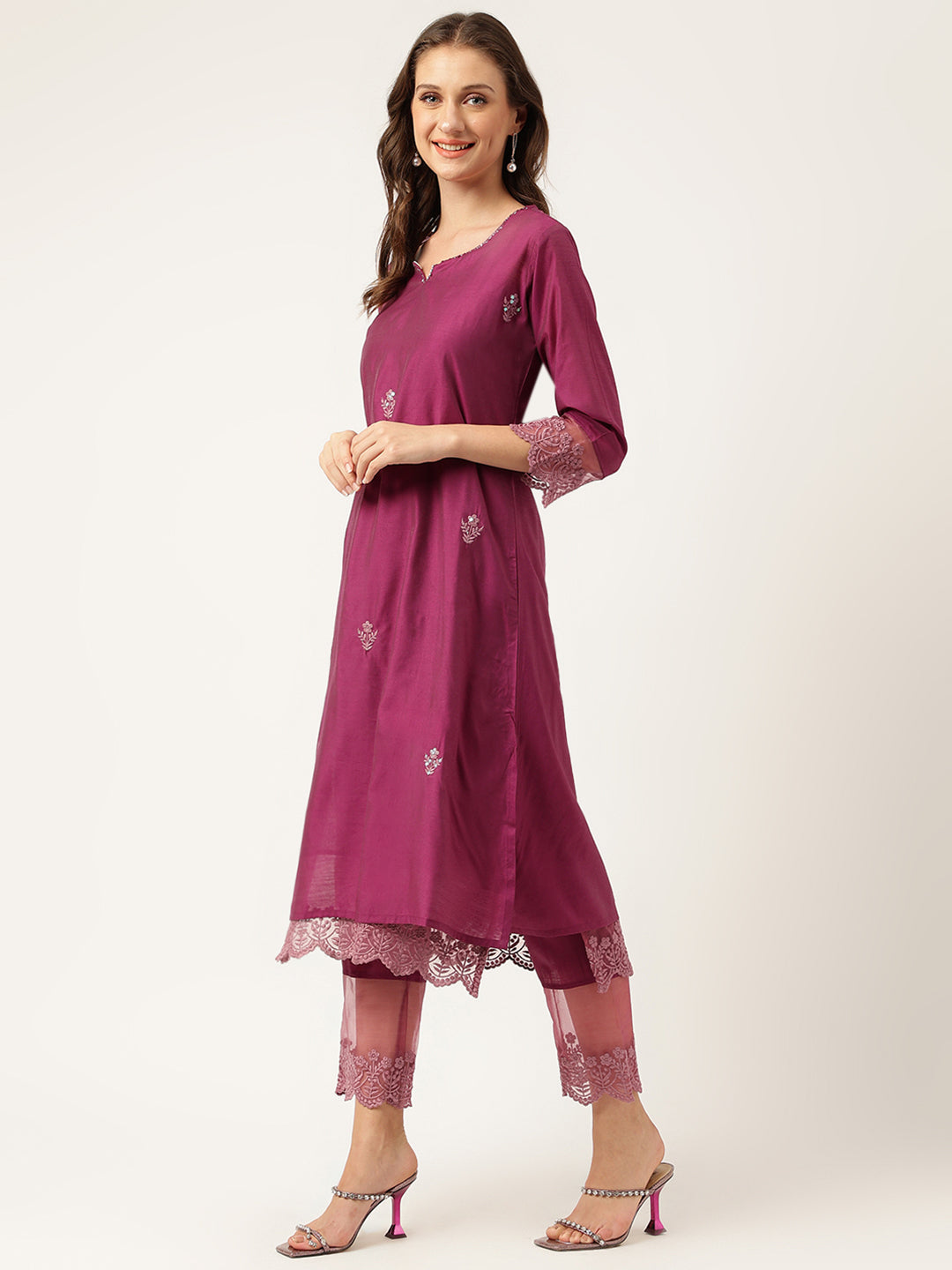 Women's Solid Purple Chanderi Embroidered Kurta with Inner Trouser Inner & Dupatta Set - Taantav