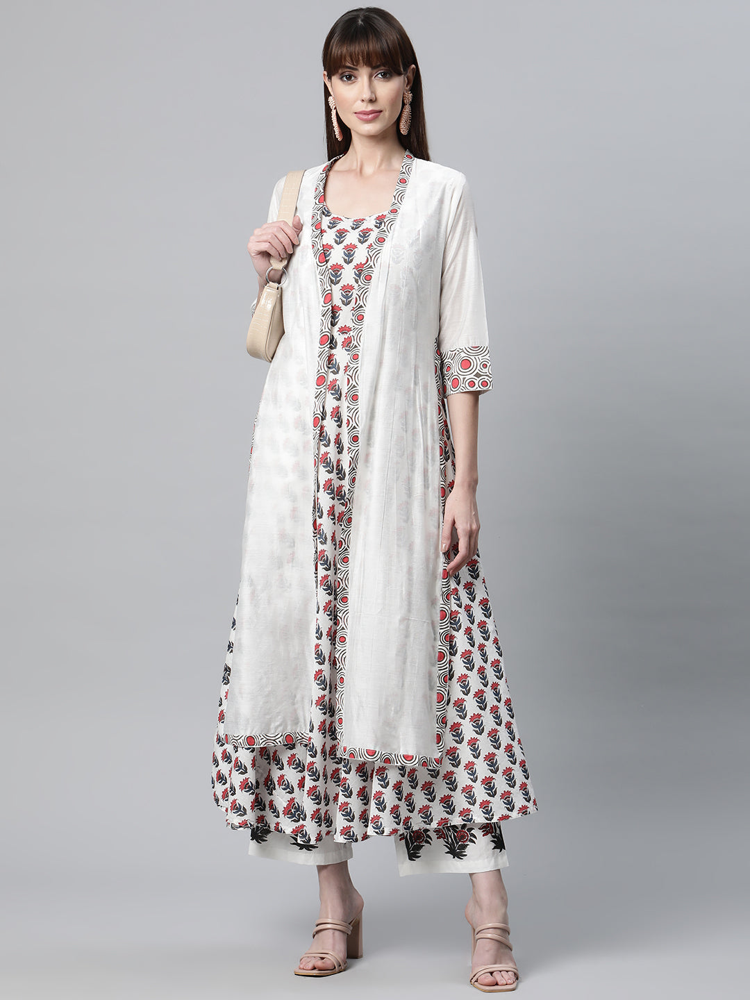 Women's White Floral Kurta Pant Set with Chanderi Shrug - Taantav