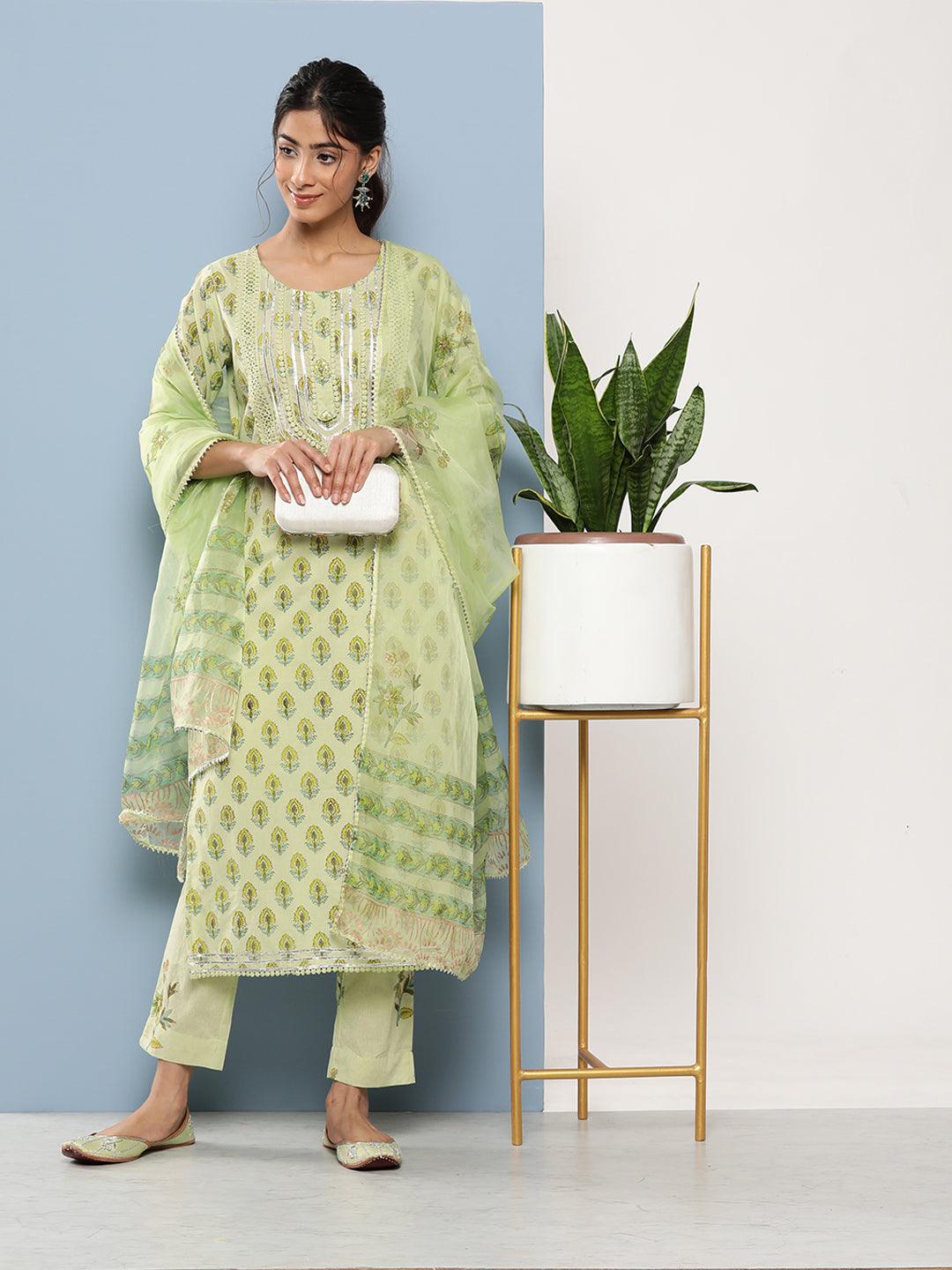 Women's Green Cotton Straight pant set with Organza Dupatta - Taantav