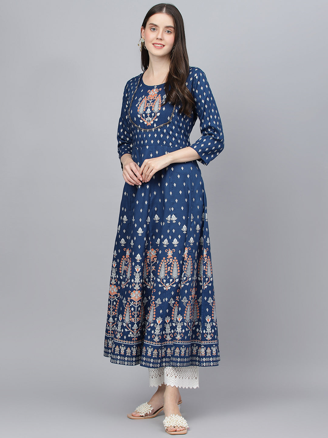 Women's Indigo Ethnic Motif Rayon Anarkali Kurta - Taantav