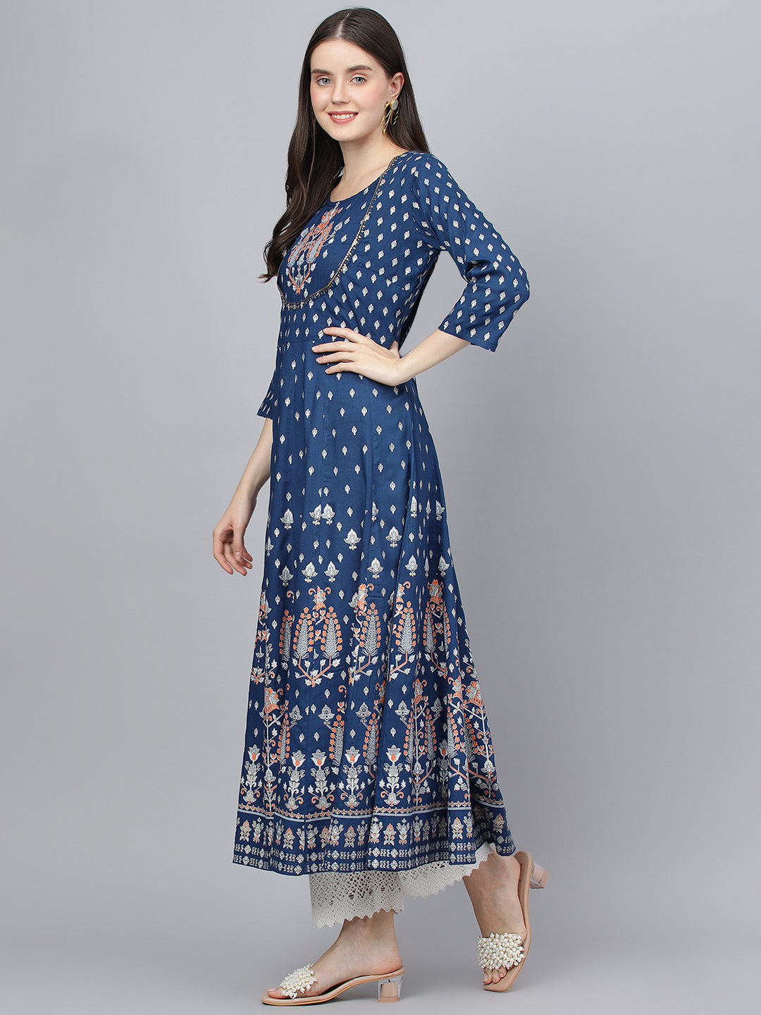 Women's Indigo Ethnic Motif Rayon Anarkali Kurta - Taantav