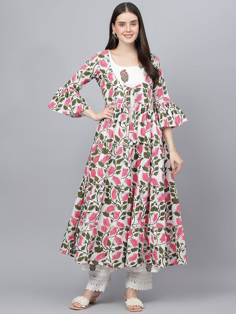 Women's White Floral Cotton Anarkali Kurta with Jacket