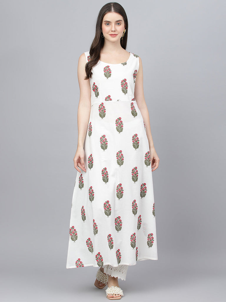 Women's White Floral Cotton Anarkali Kurta with Jacket