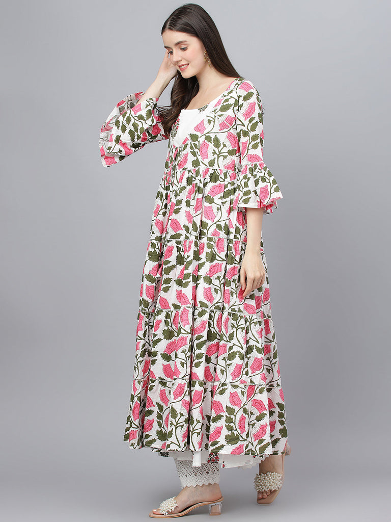 Women's White Floral Cotton Anarkali Kurta with Jacket