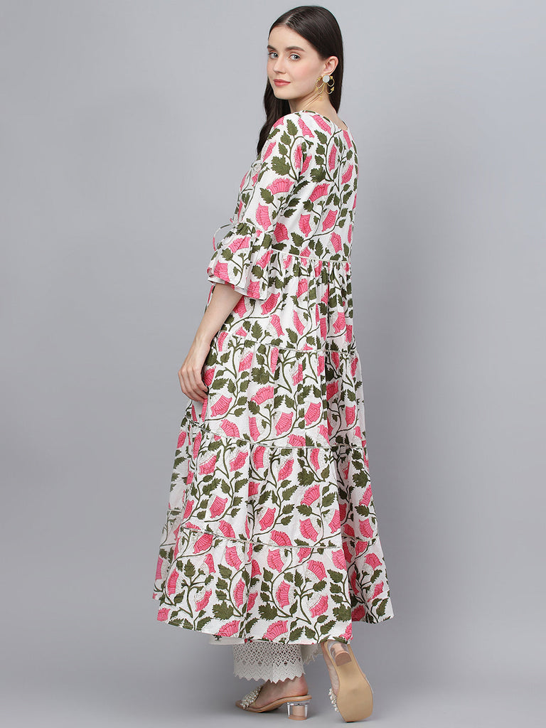 Women's White Floral Cotton Anarkali Kurta with Jacket