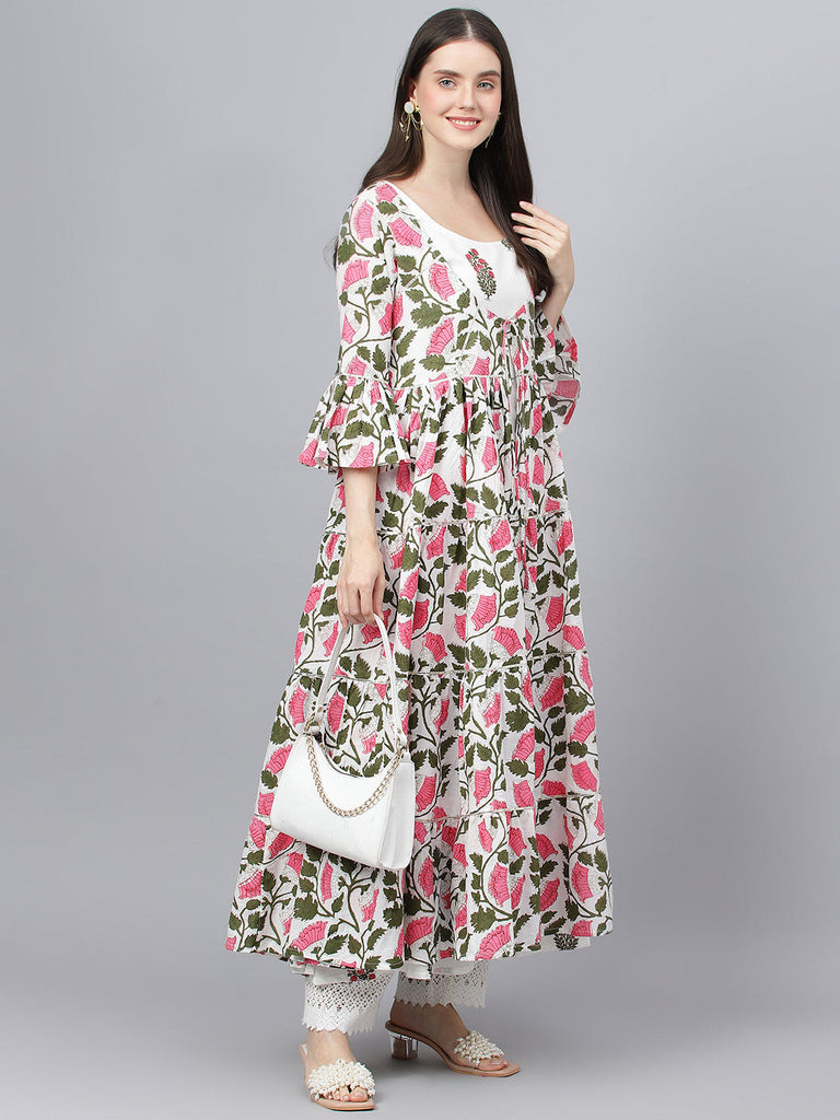 Women's White Floral Cotton Anarkali Kurta with Jacket