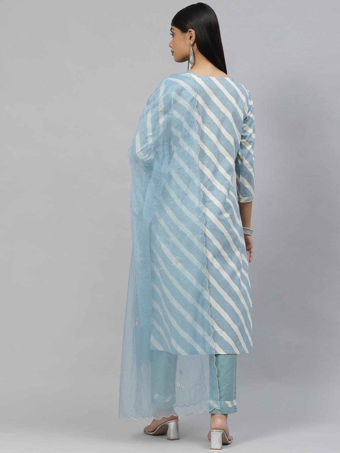 Women's Sky Blue Leheriya Cotton Kurta Pant set With Organza Dupatta - Taantav