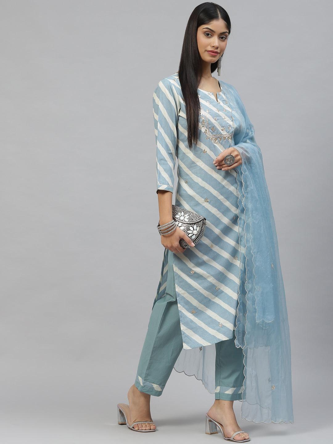 Women's Sky Blue Leheriya Cotton Kurta Pant set With Organza Dupatta - Taantav