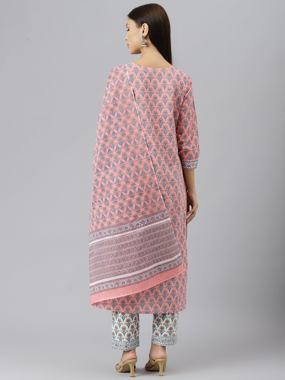 Women's Pink Printed Gotta Patti Pure Cotton Kurta with Trousers & Dupatta - Taantav