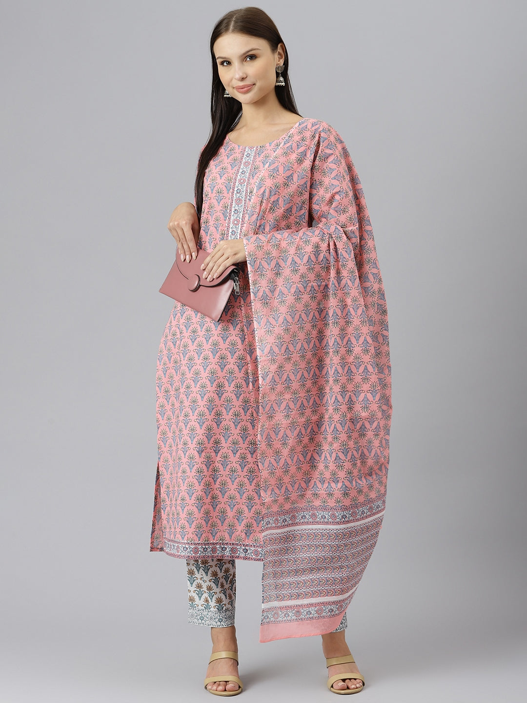 Women's Pink Printed Gotta Patti Pure Cotton Kurta with Trousers & Dupatta - Taantav