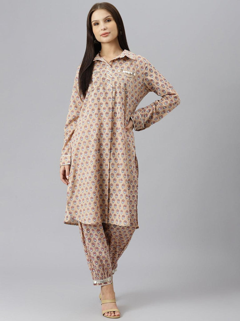 Women's Beige Cotton Shirt Style Kurta Hem Cuffed Pant Co-ord Set