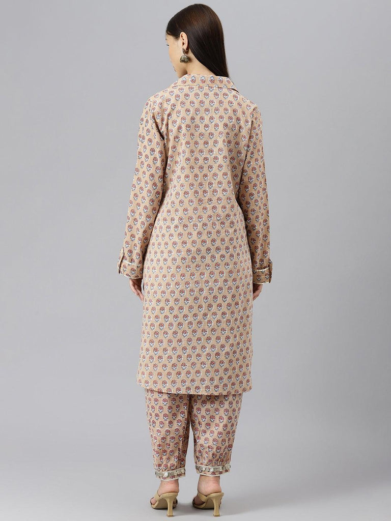Women's Beige Cotton Shirt Style Kurta Hem Cuffed Pant Co-ord Set