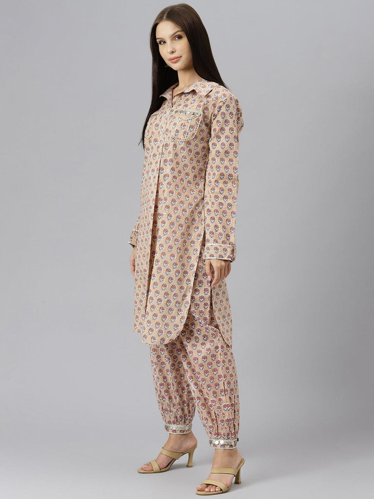 Women's Beige Cotton Shirt Style Kurta Hem Cuffed Pant Co-ord Set