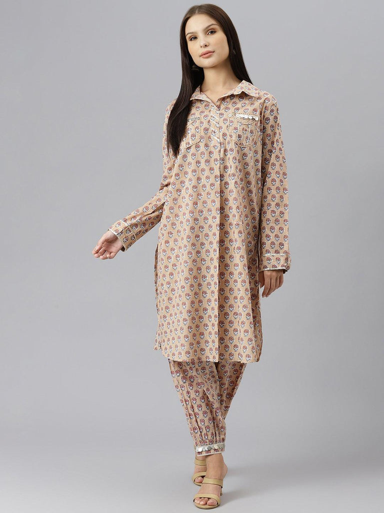 Women's Beige Cotton Shirt Style Kurta Hem Cuffed Pant Co-ord Set