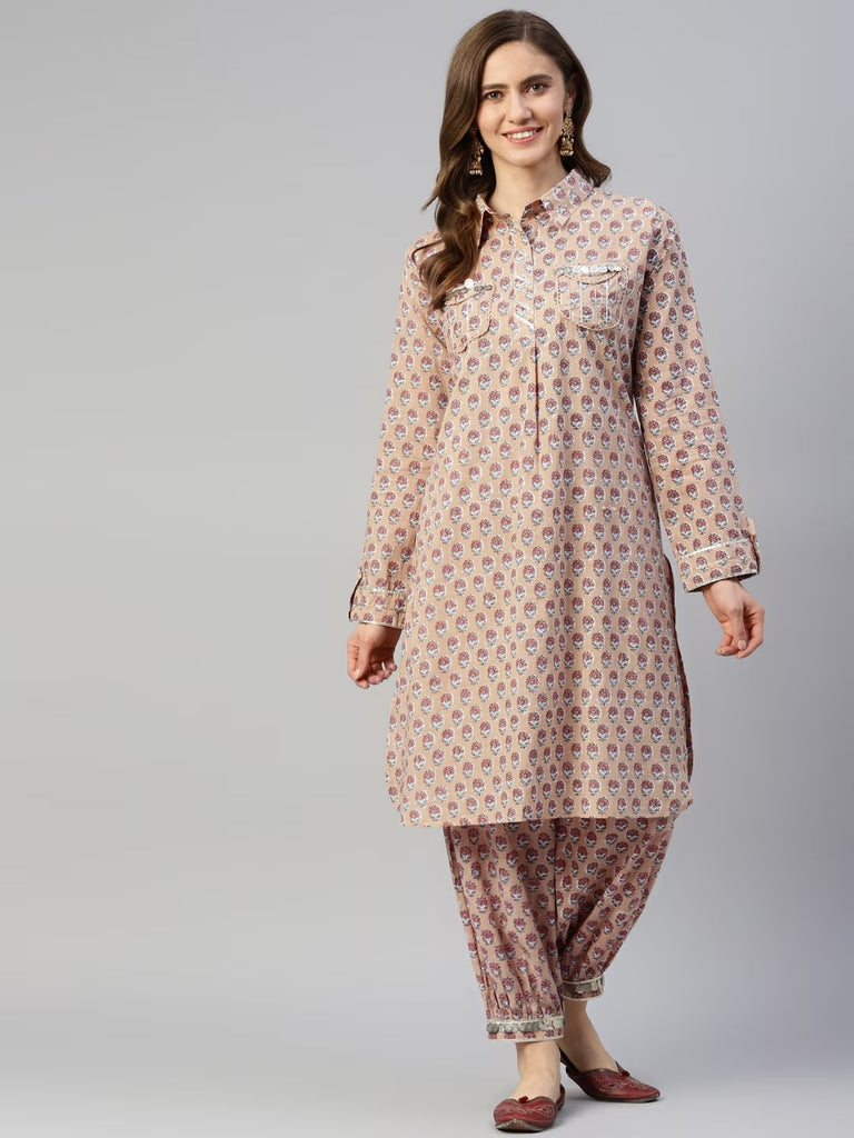 Women's Beige Cotton Shirt Style Kurta Hem Cuffed Pant Co-ord Set