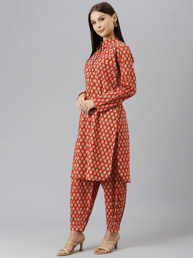 Women's Maroon Cotton Shirt Style Kurta Hem Cuffed Pant Co-ord Set