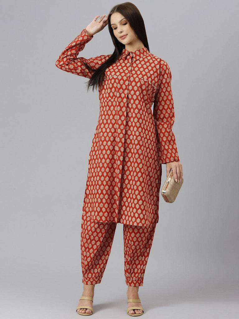Women's Maroon Cotton Shirt Style Kurta Hem Cuffed Pant Co-ord Set