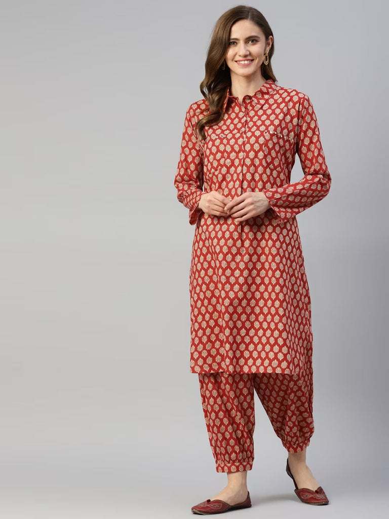 Women's Maroon Cotton Shirt Style Kurta Hem Cuffed Pant Co-ord Set